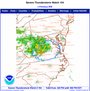 A Severe Thunderstorm Watch was issued just before 2:30 PM and continues until 8PM Wednesday evening unless cancelled early. Click image to read watch particulars. 