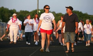 Karyn Ellis and Jay Goodwin of Arrington walk the track at the Relay for Life held Saturday May 15, 2010 at Nelson County High School.