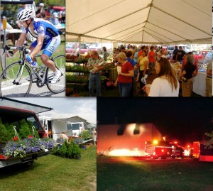 A busy weekend across Nelson. Upper left, The Wintergreen Ascent, upper right, The Nelson Farmers Market opens, lower left, Pre-Mother's Day Plant Sale, and fire damages Nelson industry.  