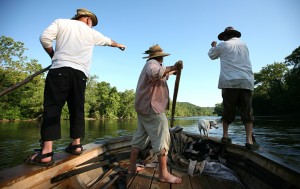 Photo and video by Norm Shafer : ©www.nelsoncountylife.com : Dave Bryant, Byrne Nelson and Roger Nelson figure out the route through a low spot on the James River, Monday June 21, 2010 during the 25th annual James River Batteau Festival. They were aboard the Rosalee on the section between Bent Creek and Wingina.
