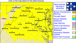 From The National Weather Service : The area highlighted in yellow is under a tornado watch until 8PM Sunday evening. Click on the image for the absolute latest info from NWS. 