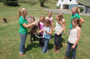 Lindsey talks with this week's campers, Caroline Shea, Anika Volentine, Lauren Bautista, Karsan Lyon, Caitlin Shea, and Claire Shea, about determining the technical differences between a horse and a pony. Lindsey's sister, Hayley, far right, is helping out with this year's camp. 