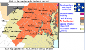 From The NWS : A heat advisory is en effect from 12 noon Tuesday until 11PM Wednesday night for areas shaded in orange. Click on map for the latest updates. 