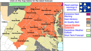 A heat advisory continues until 11PM Wednesday night for the areas highlighted in Orange. Click on the map for the latest details from the National Weather Service. 