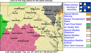The areas highlighted in pink are under a Severe Thunderstorm Watch until 8PM tonight. Click image for more. 