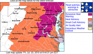 Via NWS  : A Heat Advisory is in effect from 12 noon Saturday until 10PM  for the areas shaded in orange. Click on image for latest details from NWS.