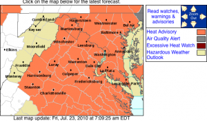 Via NWS: A Heat Advisory is in effect from 12 noon until 9PM for areas shaded in orange. Click image for latest updated info. 