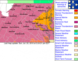 Screen shot 2010-07-25 at 3.52.40 PM Via NWS: A Severe Thunderstorm Watch is in effect until 8PM Sunday evening for areas highlighted in pink. Click on map for the latest updates via NWS.