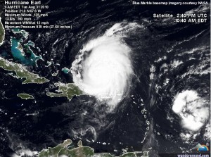 Via NASA and www.wunderground.com : Earl on the left followed by Fiona. Click to enlarge. 