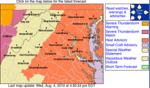 Via NWS : A Heat Advisory is in effect for much of Thursday (highlighted in orange) as very humid and hot conditions will prevail across Nelson & Central VA. Click map for the latest updates from NWS. 