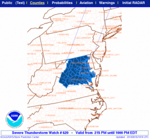 Via NWS: A Severe Thunderstorm Watch is in effect until 10PM for the areas shaded in blue. Click image for the latest from the Storm Prediction Center. 