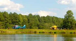 In addition to the day of fun, helicopters from three different air emergency services landed at the volunteer day. Two of the three choppers landed on the dam seen here at Lake Monacan. 