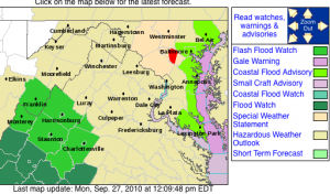 Screen shot 2010-09-27 at 12.21.54 PM Via NWS : A Flash Flood Watch begins at 8PM Monday evening until Tuesday morning. Click on image for latest updates from NWS.