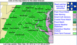 Via NWS : A Flash Flood Watch begins Tuesday evening for all of the areas shaded in light green. The possibility of up to 6 inches of rain in some areas can be expected. Click on map for the latest updates via NWS.