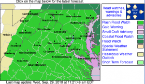 Screen shot 2010-09-29 at 11.32.35 AM Via NWS : A Flash Flood Watch begins Tuesday evening for all of the areas shaded in light green. The possibility of up to 6 inches of rain in some areas can be expected. Click on map for the latest updates via NWS.