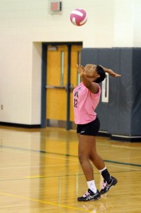Keona Loving (Setter) prepares to serve in play against Appomattox this past Tuesday - October 12, 2010