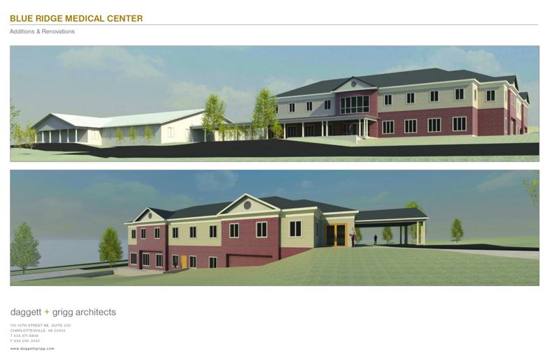 A rendering of what the completed Blue Ridge Medical Center will look like when finished. The original building is on the left. Drawing courtesy of Daggett + Griggs Architects, Charlottesville.