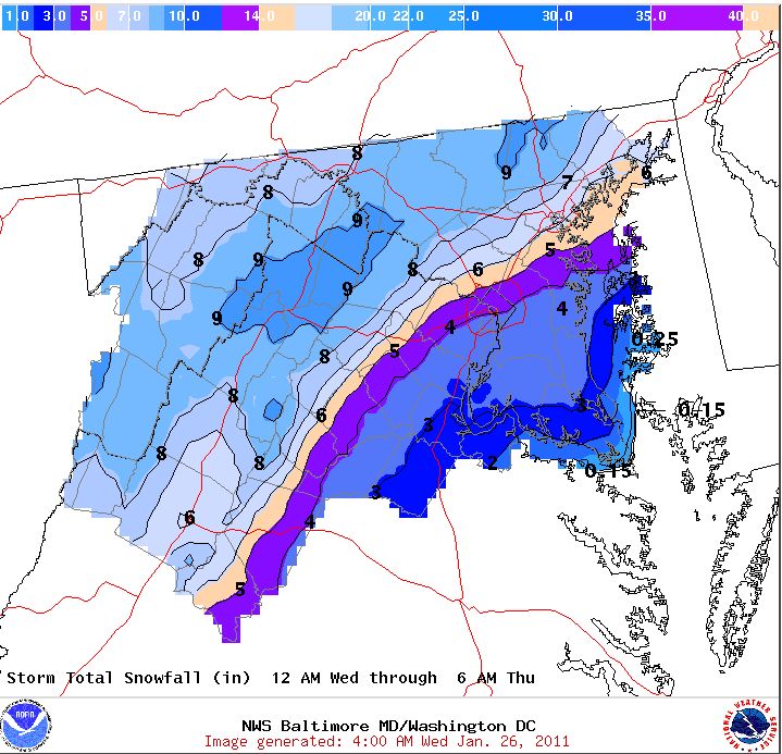 Snowfall Predictions In Advance Of Winter Storm : Updated 4AM 1.26.11