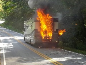 ©2013 Blue Ridge Life Magazine: Photo Courtesy of Bob Clouston : This RV caught fire just about a mile from the Blue Ridge Parkway on Sunday - September 29, 2013. It was above Montebello, VA