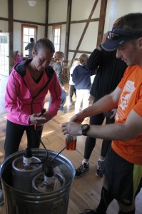Steve Troyae (right) rewards himself after the race with a well deserved brew from Devils Backbone. All runners we treated to homemade chili and brews after the race. 