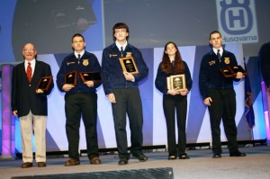 The national forestry team being recognised on the main convention stage at Freedom Hall as the national champions L-R  Mr. Ed McCann, FFA advisor, Jesse Carter, Zach Barnes, Jamie Conner, and Jack Taggart