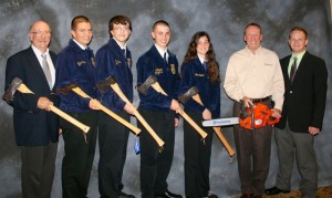 This shot was taken immediately after the awards dinner with gift axes from Husqvarna Corporation on Friday night.  Left - right Ed McCann, advisor and coach, Jesse Carter, Zach Barnes, Jack Taggart, Jamie Carter, National Sponsor representative from Husqvarna, National Sponsor representative from John Deere.