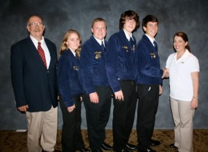 The National Meat Evaluation and Technology sponsors from Cargill International Corporation  left to right Mr. Ed McCann FFA advisor, team coach, Jenny Elgin, Ben Fitzgerald, Zach Phillips, Phillip Saunders, national sponsor from Caregill International.