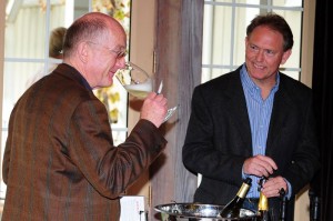 Tony Smith (right -Owner of Afton Mountain Vineyards) looks on as world renowned wine critic Oz Clark samples one of the whites this past Wednesday - October 30, 2013 at Veritas Vineyard & Winery in Afton, VA  