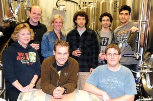 1st row (L-R) Mary Wolfe - Owner of Wild Wolf, Danny Wolf - Brewmaster at Wild Wolf, Stephen Dickerman - Cellarman and Assistant Brewer at Wild Wolf : 2nd row (L-R): Nick Dovel - Manager at Pollak Vineyards, Emily Pelton - Winemaker at Veritas,  Brian Natale - Brewing Assistant at Barefoot Bucha, Ethan Zuckerman - Owner of Barefoot Bucha, Bob Sweeney - Brewer at Wild Wolf all got together this past Monday - November 11 to begin the process of their special collaborative brew. 
