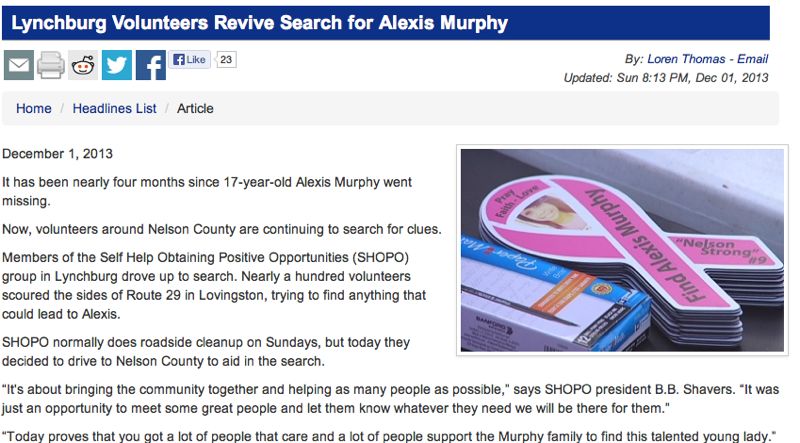 Volunteers Hold Sunday Search For Missing Teen Alexis Murphy : Via CBS-19