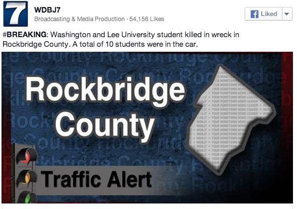 Rockbridge: Washington & Lee University Student Killed In Wreck – Total of 10 Students In Car. – Via WDBJ7