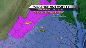 Graphic courtesy of CBS-19 The Newsplex in Charlottesville. - Chief Meteorologist Travis Koshko over at our media partners from CBS-19 prepared this graphic to show estimated snowfall across the area during the Monday night / Tuesday event. 