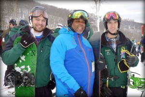 Wounded Warrior Christopher Semple of Hampton, Va is flanked by his instructors, Nathan Burns of Charlottesville, VA (left) and Mark Meardon of Richmond, VA (right) at the 10th annual Wounded Warriors Weekend held Jan 24th & 25th 2014 at Wintergreen Resort. 