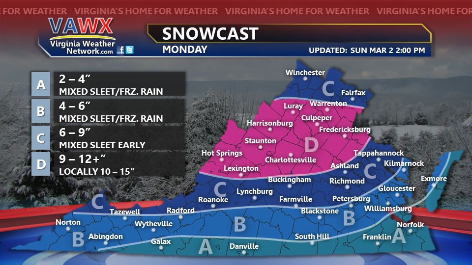 Significant Winter Storm Headed For Central Virginia Blue Ridge Area : Snow & Ice : Map Updated 2PM Sunday