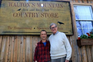 Photo By Woody Greenberg : Earl Hamner (right) stops for a photo Wednesday afternoon - April 9, 2014 - with David Pounds, co-owner of Waltons' Mountain B & B and Country Store. The building once was the spot where Hamner did some of his writing and printing during his early years. 