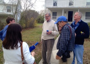 ©2014 Blue Ridge Life: Photo By Tommy Stafford : Nelson native and television's real life John Boy, Earl Hamner, takes a break between shoots to talk with fans Wednesday afternoon April 9, 2014 -  in front of his childhood home in Schuyler. (Hamner's son Scott is to his immediate right, BRL's Woody Greenberg in the hat.) 
