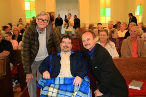 Photo By Woody Greenberg: Earl Hamner with Jimmy Fortune Jr. and his father, Jimmy Fortune at the Schuyler Baptist Church on Wednesday evening - April 9, 2014