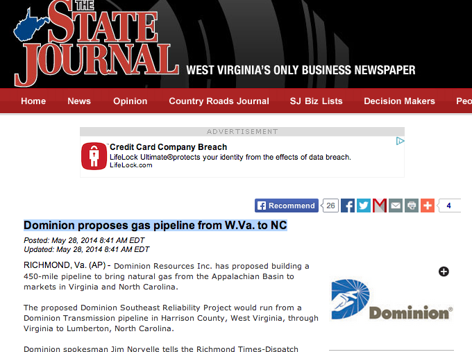 Dominion Proposes Gas Pipeline From W.Va. to NC : Via The State Journal In WV