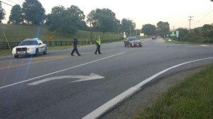 Photo courtesy of CBS-19 Charlottesville: Albemarle County Police reroute traffic heading westbound on Route 250 down Route 151 away from a serious crash Thursday evening - August 14, 2014. 