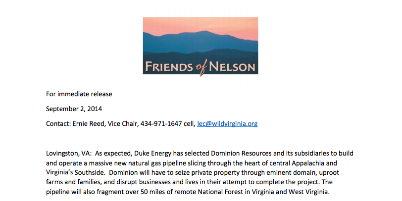 Friends Of Nelson / Augusta Alliance :  Respond To Governor McAuliffe’s Support For Dominion Gas Pipeline