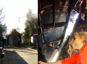 ©2014 Blue Ridge Life Magazine : Photo left courtesy of Shelby Bruguiere : Photo (right) By BRLM Photographer / Writer Marcie Gates : Smoke and fire billow from the top of the smokehouse midmorning Tuesday at The Blue Ridge Pig. (Right) Strawberry Goodwin (owner) inspects rafter damage inside the smokehouse after the fire is out. 