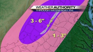 Graphic courtesy of WCAV CBS-19 The Newsplex. Significant snowfall is possible Wednesday with an approaching winter storm. 