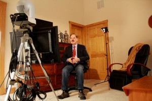 Clint Van Zandt prepares for a live shot back to NBC News Headquarters from his mini studio at Wintergreen Virginia.