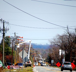 ©2015 Blue Ridge Life Magazine : Photo By Tommy Stafford : Crews with Central Virginia Electric and their contractor Mastec were seen up in the sky earlier in the week in Nellysford as they continue replacing poles as part of a project that will last into the summer. 