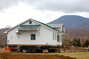 ©2015 Blue Ridge Life Magazine : Photos By Tommy Stafford : The historic Arrington Train Depot that was originally reassembled on the grounds at Devils Backbone  Brewing back in December of 2007 was moved across the parking lot Wednesday afternoon March 11, 2015 as part of the brewery's expansion. 