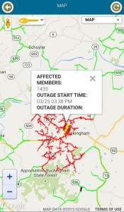 Image and data via CVEC's outage app. General areas of power outage in Buckingham County. 