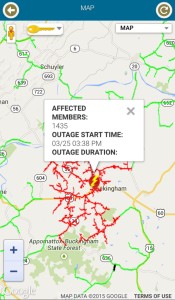 Image and data via CVEC's outage app. General areas of power outage in Buckingham County.