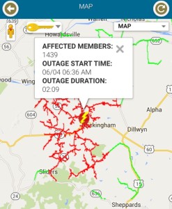 Image via CVEC app: Just before 9 AM Thursday - June 4, 2015 approximately 1400 customers were without power in Buckingham County. 