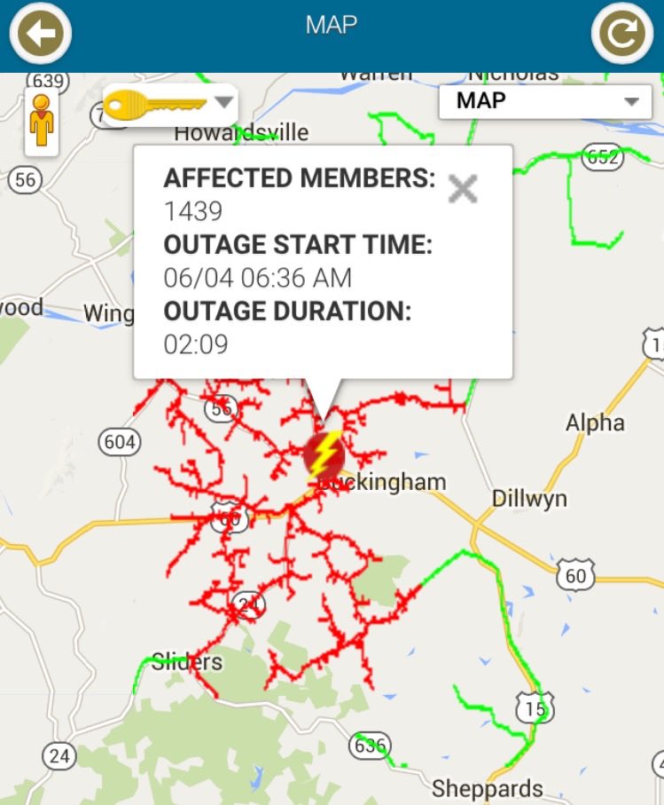 Buckingham: Large Power Outage Affecting Area : Updated 2:08 PM – Restored