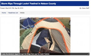 Screengrab courtesy of CBS-19 The Newsplex : Severe thunderstorms ripped through the Lockn' Festival ground in Arrington at Oak Ridge Estate late Wednesday afternoon - September 9. 2015